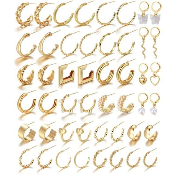24 Pairs Gold Hoop Earrings Set for Women Hypoallergenic Chunky Chain - Picture 1 of 7